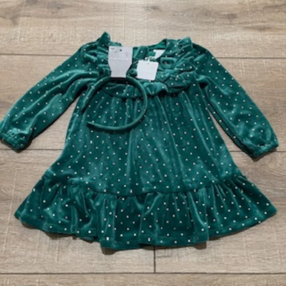New Tahari Dress Girls Size 2 Green Velour Velvet With Gold Studs & Headband NWT